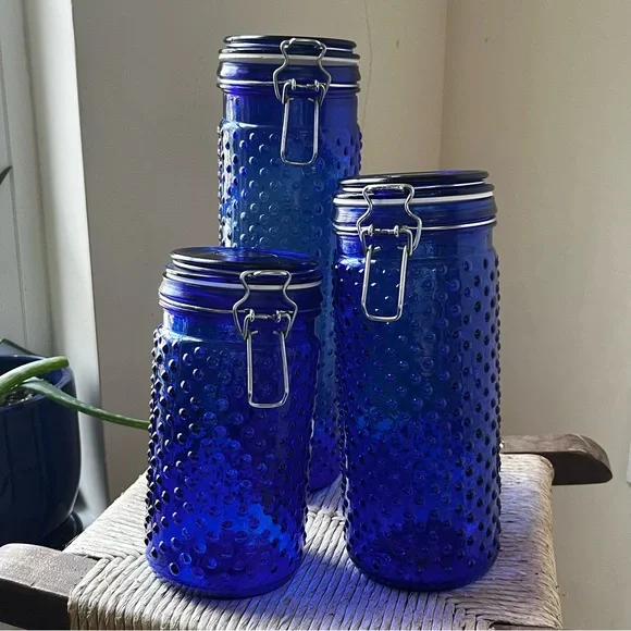Vintage cobalt blue hobnail glass canisters set of three - Picture 5 of 11